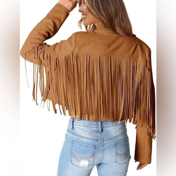 PRETTYGARDEN Fringe Faux Suede Leather Jackets Tassel Motorcycle Cropped Coat - Picture 5 of 15
